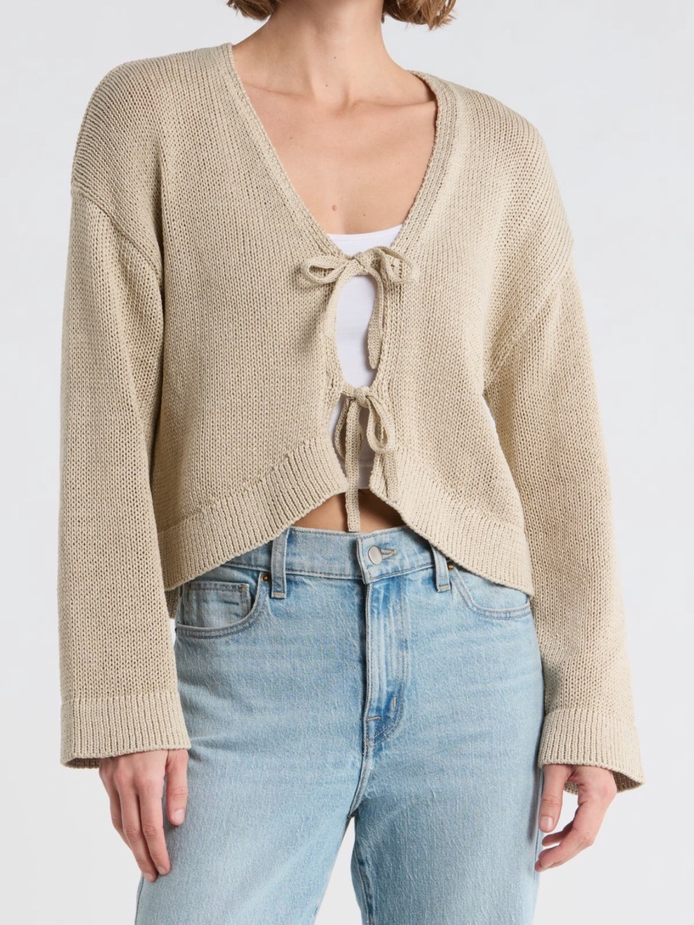 1. State Beige Tie-Front V-Neck Knit Sweater Size Medium